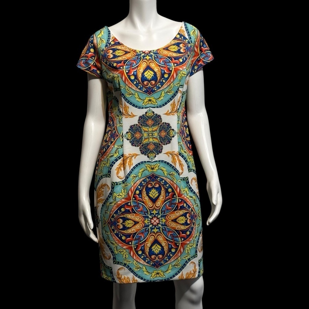 Alexia Admor colorful scoop neck cap sleeve body con fitted dress.Sz 12